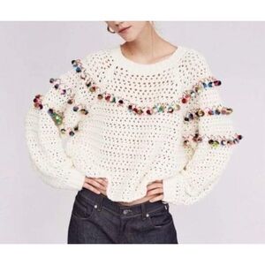 Zara Pom Pom Oversized Knit Sweater Cream